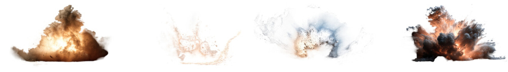 Explosion with smoke and dust cloud, dynamic fire blast with debris and ash, isolated on transparency background, dramatic destructive effect