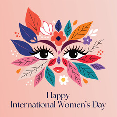 Obraz premium Stylized female face with vibrant floral and leaf elements, celebrating International Women's Day with artistic flair