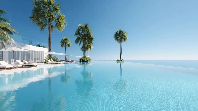A serene infinity pool overlooking the ocean with palm trees and white lounge chairs on a sunny day with clear blue sky