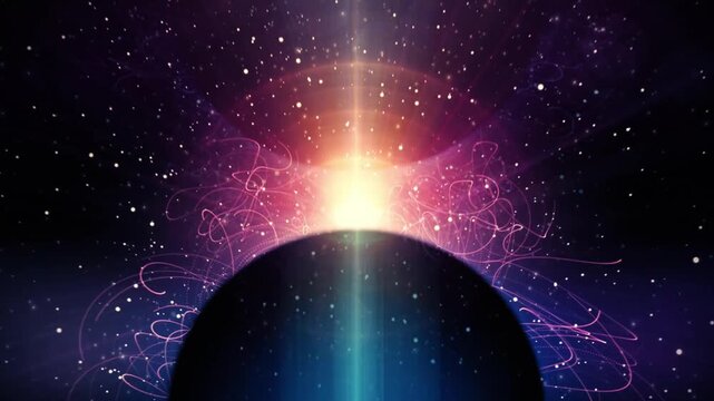 Dark planet silhouette floating in deep space with glowing nebulous energy and stardust particles in the background