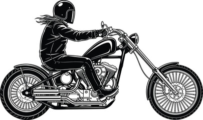Black and white chopper motorcycle rider vector illustration, vintage custom cruiser bike with helmeted biker detailed line art © MstMorshida