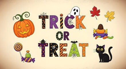 Fototapeta premium Halloween themed illustration with trick or treat text
