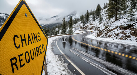 Snowy mountain road with chains required sign and winding path  