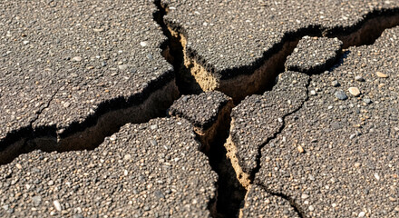 Cracked asphalt pavement with deep fissures and uneven surface  