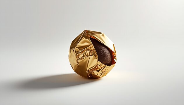 A chocolate truffle wrapped in gold foil on transparent background