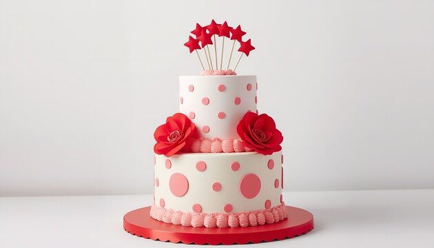 A beautifully decorated two-tier cake with pink polka dots and red roses on transparent background