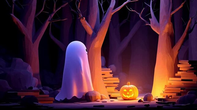 Ghost in a spooky forest with pumpkin