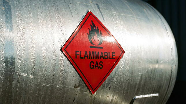 Flammable gas warning sign on metal cylinder with condensation droplets, indicating hazardous and combustible material storage safety alert