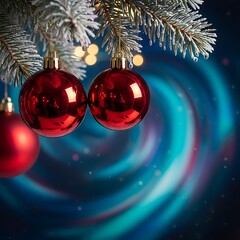 Festive Red Christmas Ornaments Against a Swirling Blue Background.