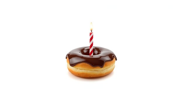 A chocolate glazed donut with a lit birthday candle on transparent background