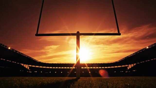 Epic Football Stadium Silhouette with Glowing Sunset and Field Goal at Golden Hour Creating a Dynamic Atmosphere