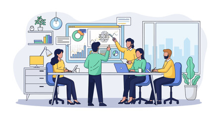 Business meeting with diverse team collaborating on strategy.