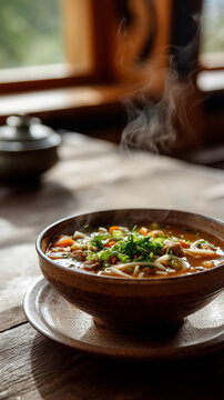 Cuenco r&uacute;stico de thukpa sopa de fideos del Himalaya con carne verduras y vapor sobre mesa de madera