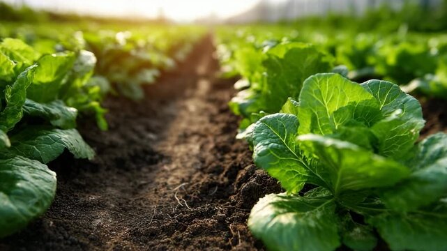 Rows of vibrant green lettuce plants growing in a sunny garden bed with rich soil