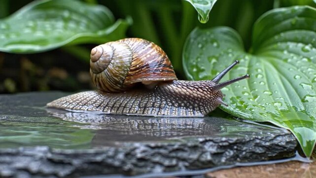 Close-up shot of a snail crawling over a wet stone with glistening water, lush green leaves, and relaxing nature sounds