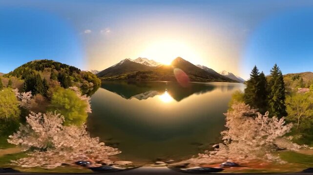 A 360-degree panoramic aerial view of a mountain lake at sunrise.