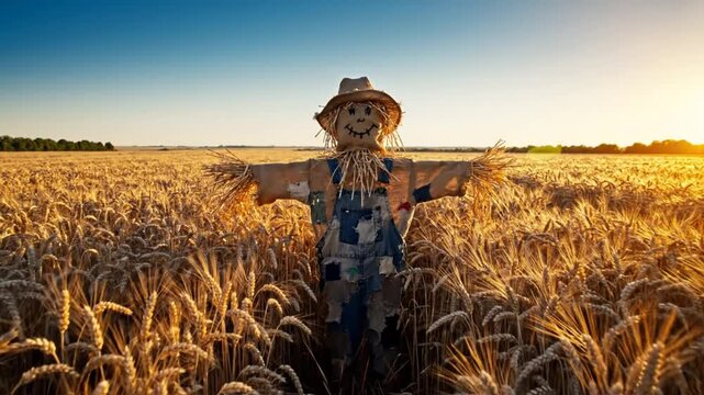 Scenic View of a Friendly Scarecrow Standing in a Golden Wheat Field at Sunset, Peaceful Autumn Harvest Scene