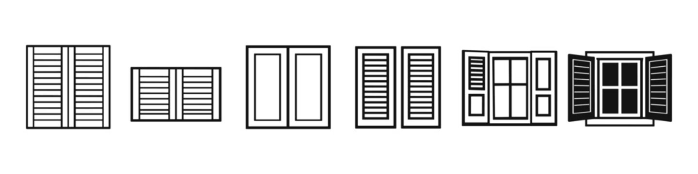 Collection of various window styles and shutter designs in a clean line art illustration
