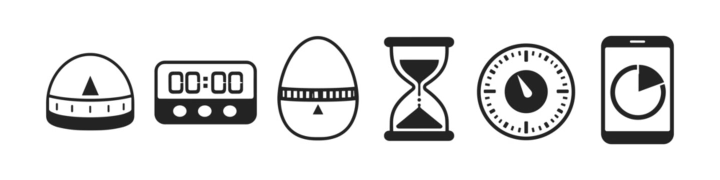 Collection of various timer icons including kitchen, digital, hourglass, and smartphone apps