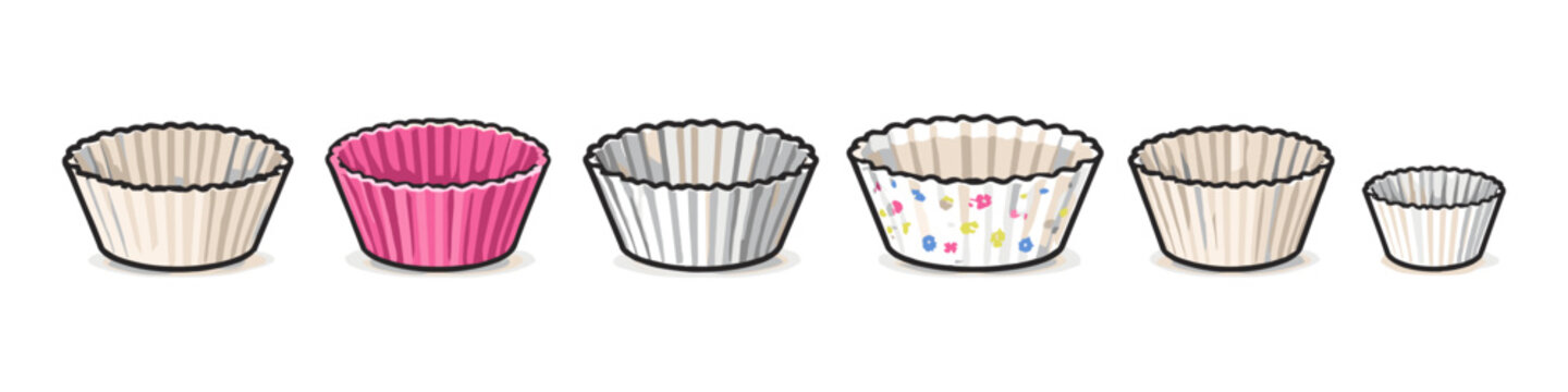 Collection of assorted baking cups for cupcakes and muffins in various colors and sizes
