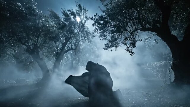 Hooded Figure Kneeling in Ancient Olive Grove at Night