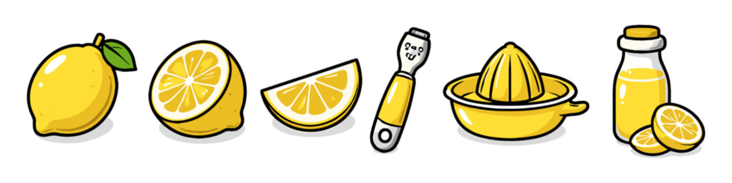 Collection of yellow lemons and kitchen tools for preparing citrus juice