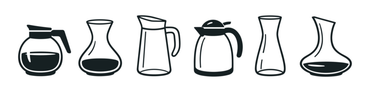 Collection of diverse glass carafes, pitchers, and coffee pots in a clean line art style