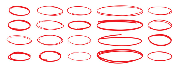 red pen hand drawn doodle marks, red circle and oval stroke set. Outline red drawing line clipart symbol © Yanka