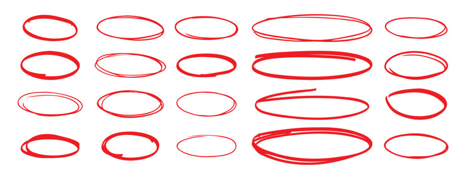 red pen hand drawn doodle marks, red circle and oval stroke set. Outline red drawing line clipart symbol