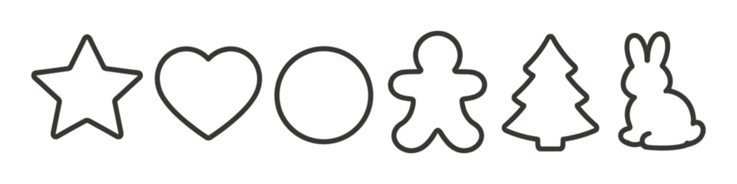 Collection of simple outline cookie cutters in various festive shapes on white background