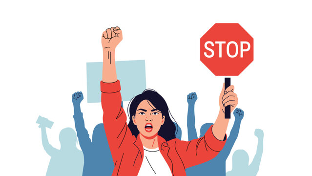 Illustration of an angry woman leading a protest with her fist raised and holding a red stop sign among a crowd of people.