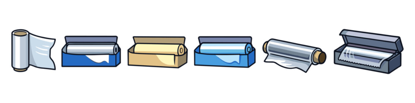 Collection of kitchen wraps including plastic wrap and aluminum foil in boxes