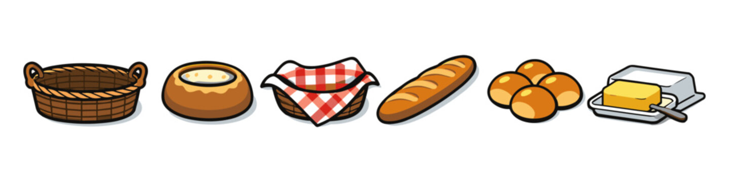 Collection of baked goods and breakfast items including bread, rolls, and butter