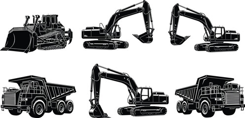 Heavy construction machinery silhouettes set including excavators, bulldozer and dump trucks, industrial mining and earthmoving equipment collection isolated on white background © MdAzizulHaque