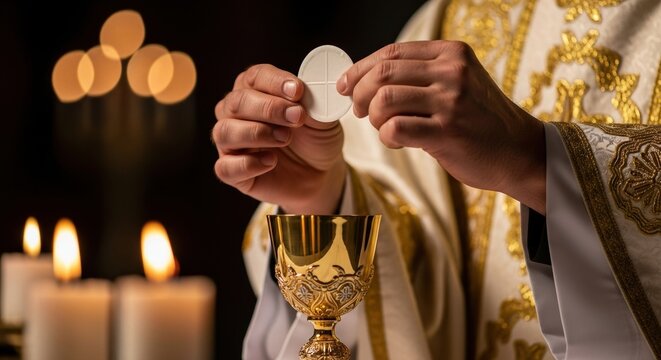  Priest celebrating Mass holding the Eucharist over the chalice during Holy Communion.
