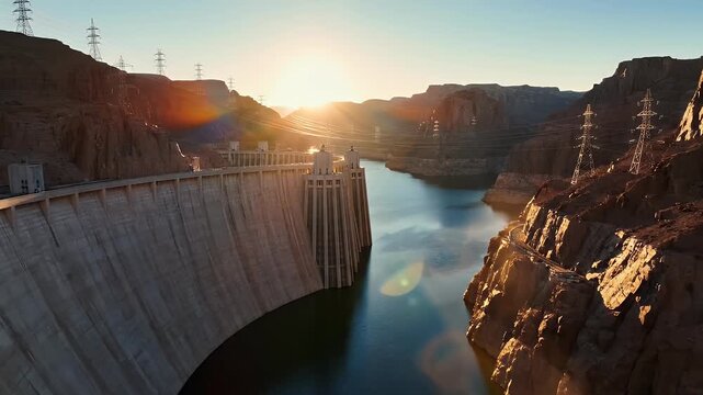A towering concrete dam and water, canyon walls on either side, illuminated by a sunlit sky