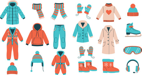 Winter Clothing and Ski Outfit Vector Set with Jacket, Coat, Boots, Gloves, Hat, Snowboard Gear, and Cold Weather Accessories Collection © MstMukta