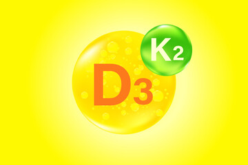Vitamin D3 with K2 complex, glowing 3D molecule element or bubble, health nutrition background, fluid orange, yellow color flowing bubbles, supplement banner, presentation, infographic design