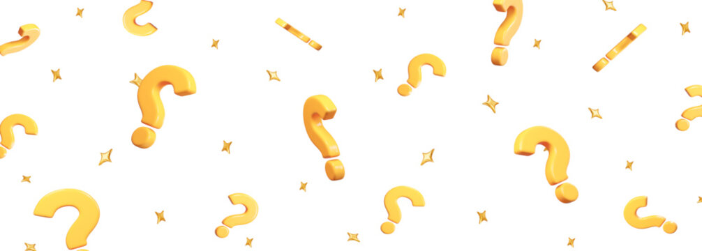 3d flying yellow question mark with golden stars. Faq problem solution symbol. Vector illustration on isolated background.