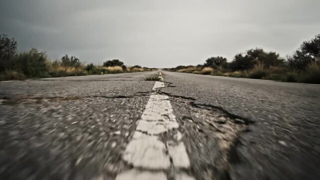 Low angle shot of abandoned asphalt road with cracked surface and a patch of grass growing, under a dramatic sky