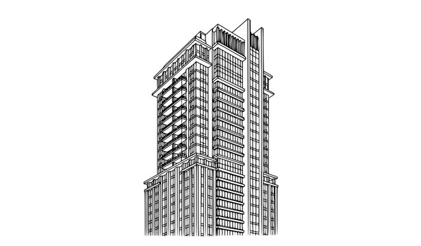 Hand drawn high rise building line art architectural sketch