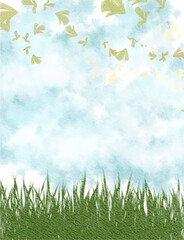 Obraz premium cute abstract watercolor illustration of white cloud blue sky, flower garden field, green forest, meadow hill scenery background wallpaper