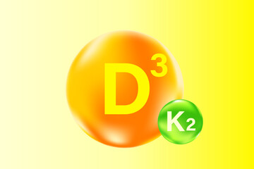 Vitamin D3 with K2 complex, glowing 3D molecule element or bubble, health nutrition background, fluid orange, yellow color flowing bubbles, supplement banner, presentation, infographic design