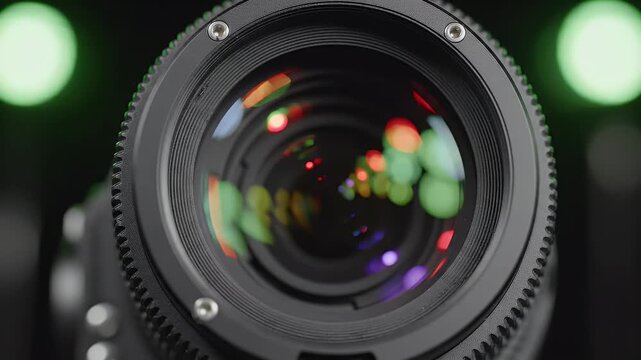 Close-up of a camera lens with colorful bokeh highlights and intricate mechanical details