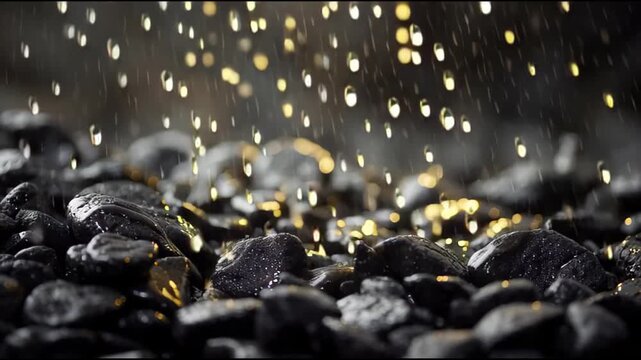 Golden rain droplets falling on wet black stones macro