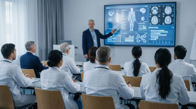 Medical professionals attending training session, seated in classroom watching clinical data presentation on large digital screen