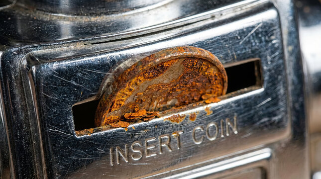 Rusty coin in slot of scratched metal vending machine with text insert coin close up