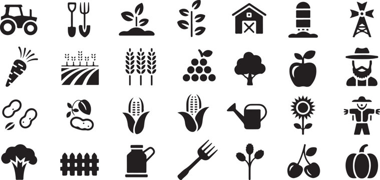 agriculture icons cultivation harvest plants farmer vector set