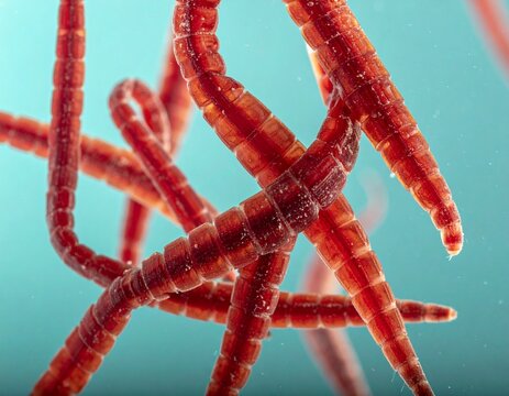 Close-up of dried bloodworms drifting in clear water with aqua gradient background, ideal for aquarium fish food, pet supplies, and aquatic hobby concepts