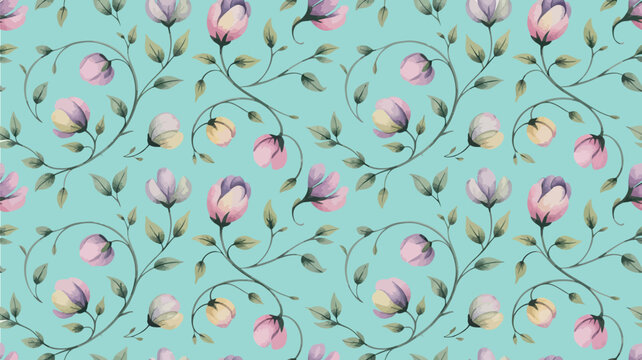 Delicate floral pattern with blooming tulips and whimsical vines on a soft aqua background, perfect for spring greetings and decorative designs